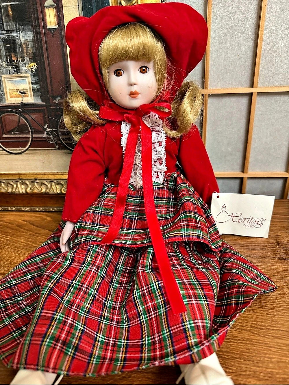 Vintage Authentic Heritage Collector's
Porcelain Doll with Red
Holiday Dress
